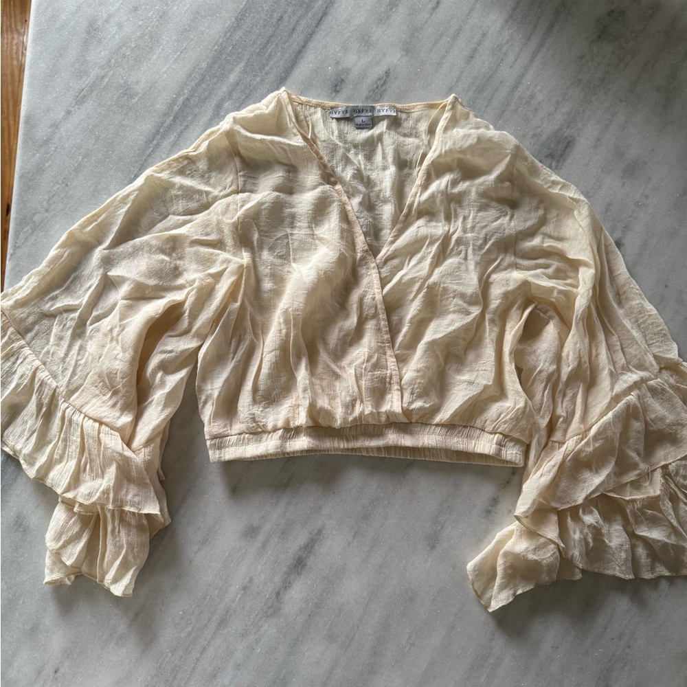 HYFVE Cream Ruffled 3/4 Sleeve Crop Blouse